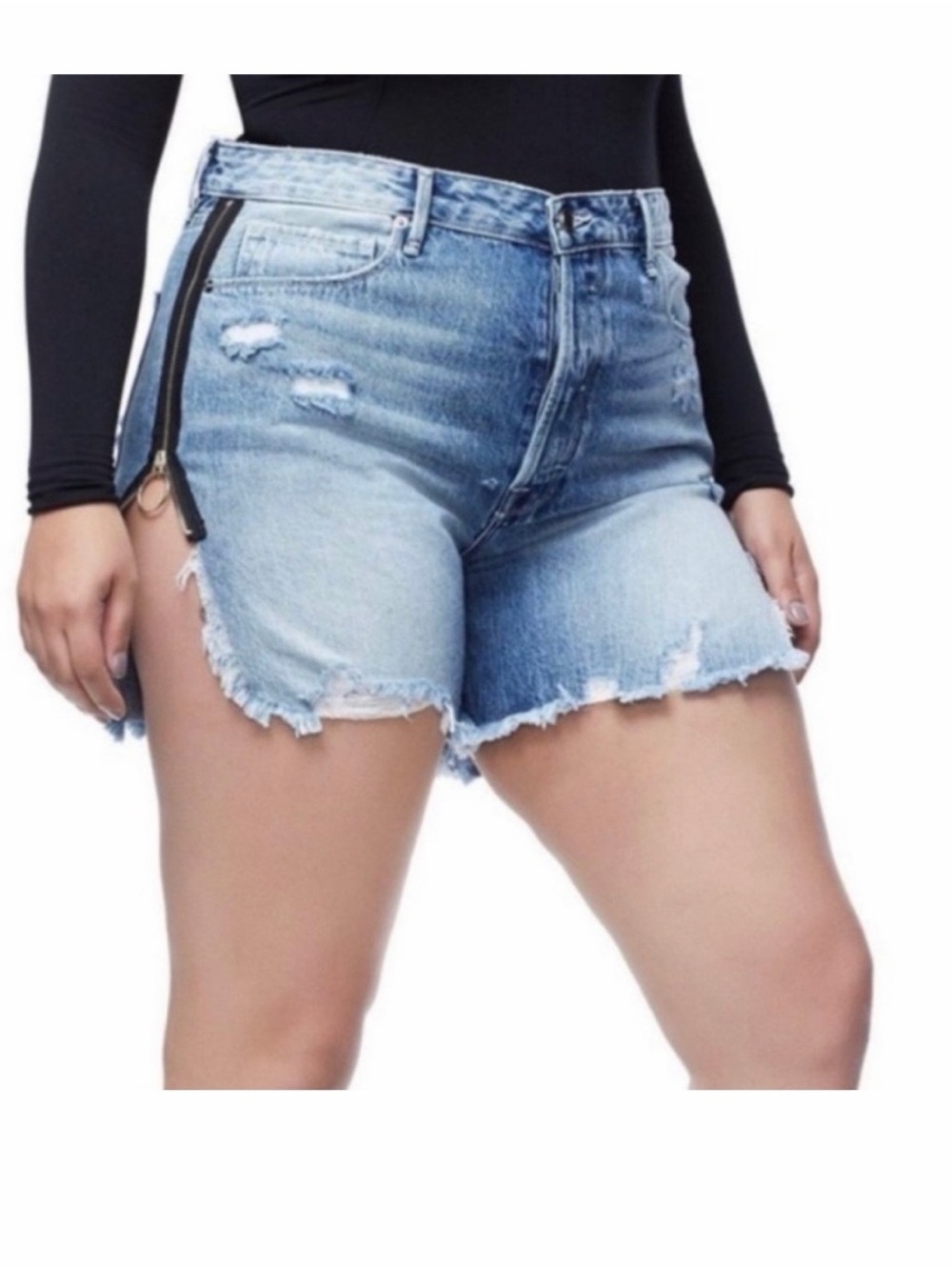 Good American Light Blue Distressed High-Rise Jean Shorts